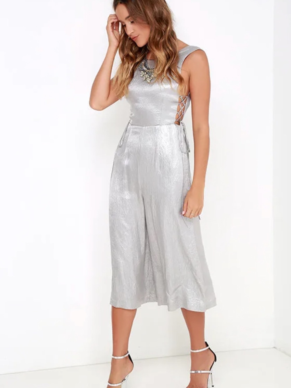 J.O.A. Silver Sleeveless Lace-Up Cropped Jumpsuit